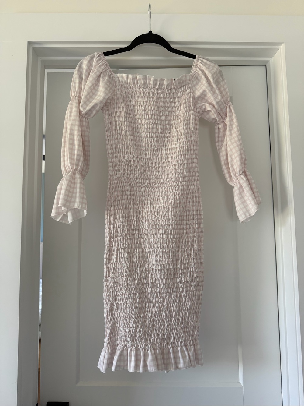 Gingham Smocked Midi Dress in Light Pink
